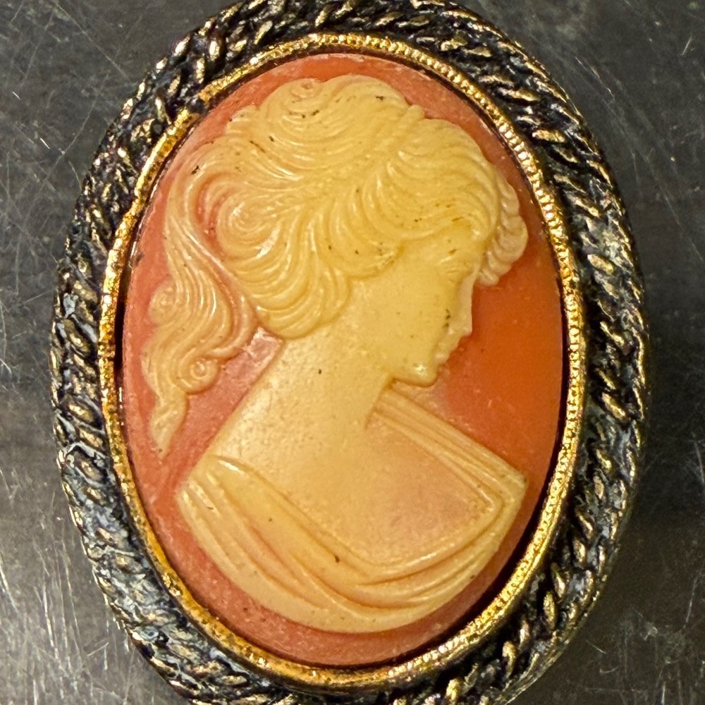 Peri Vintage Oval Cameo Brooch Pendant Gold Tone Rope Border Coral Cream